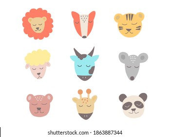 Sleeping animals. Cute cartoon sketch animals for t-shirt print, textile, patch, kid product. Vector