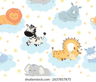 Sleeping animals children’s pattern. Cute cartoon safari animals on clouds vector illustration for fabric, textile, wallpaper, wrapping paper
