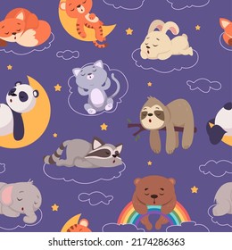 Patrón de animales durmientes. Animales nocturnos divertidos y salvajes en relaxes posan el vector exacto caricatura perfecta personajes dormidos