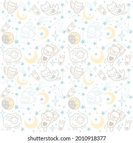 Sleeping animals - rabbits, bears, cats, owls, sheeps, Moon, stars. Seamless pattern with vector outline illustrations