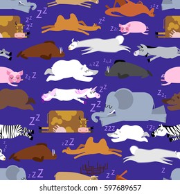 Sleeping animals seamless pattern. Seal and deer. Crocodile and camel. Zebra and bear. Walrus and kangaroo. Unicorn and Polar Bear. Cow and llama. Donkey, elephant and pig. wild animal sleeps ornament