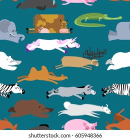 Sleeping animals seamless pattern. Seal and deer. Crocodile and camel. Zebra and bear. Walrus and kangaroo. Unicorn and Polar Bear. Cow and llama. Donkey, elephant and pig. wild animal sleeps ornament