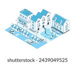 Sleeping area of the city - vector isometric illustration. Apartment buildings and a cute little shop across from highway. Cars drive along the road, people and animals walk along the courtyard