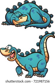 Dinosaurio de caricatura dormido y despierto. Ilustración de imagen prediseñada vectorial con gradientes simples. Cada una en una capa separada. 