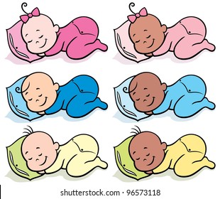 Sleeping Babies: Collection of 6 sleeping babies over white background. No transparency and gradients used.