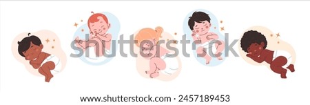 Sleeping babies poses set. Newborns have a dreams collection. Resting infants in diaper on white background. 