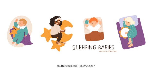 Sleeping babies set. Calm kids asleep, lying and dreaming at night. Cute little boys and girls, sweet children relaxing on pillows. Flat cartoon vector illustrations isolated on white background