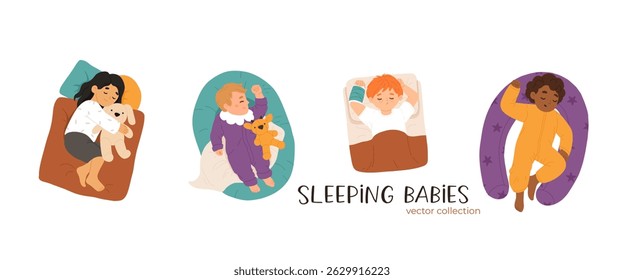 Sleeping babies set. Calm kids asleep, lying and dreaming at night. Cute little boys and girls, sweet children relaxing on pillows. Flat cartoon vector illustrations isolated on white background