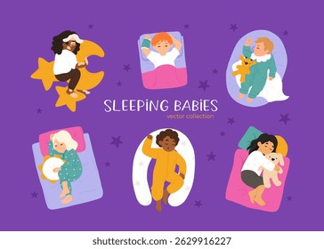 Sleeping babies set. Calm kids asleep, lying and dreaming at night. Cute little boys and girls, sweet children relaxing on pillows. Flat cartoon vector illustrations isolated on white background