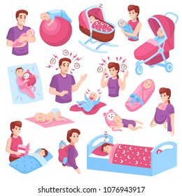 Sleeping babies toddlers kids children in crib stroller parents arms pink blue icons collection isolated vector illustration 