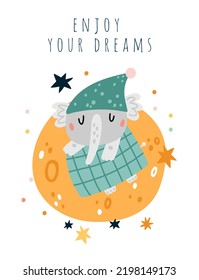 Sleeping baby animal card. Cute elephant slumbering on moon under blanket. Baby fauna with text. Stars and planet. Mammal in pajamas cap. Night relaxation. Vector sweet