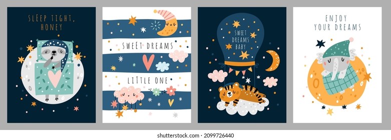 Sleeping baby animal cards. Good night banners with fauna and text. Sky childish elements. Funny characters lying in beds. Napping sloth, elephant and tiger. Vector sweet