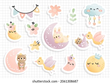 Sleeping baby animal and moon sticker, scrapbook. Animal sticker sheet
