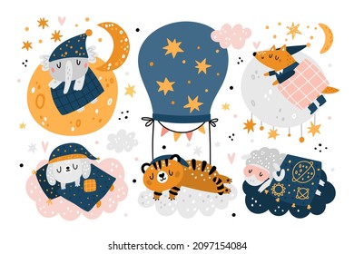 Sleeping baby animals. Cute kids characters. Childish elephant and dog napping on clouds. Tiger in pajamas and nightcap. Planets and air balloon. Vector dreaming cartoon