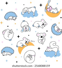 Sleeping baby animals set: Bunny, squirrel, hedgehog, koala, clouds, moon and stars. Childish sweet dream illustrations. Editable stroke