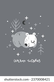 Sleeping baby bear, Gray Christmas greeting card. Magical winter printable art with hand lettering Warm wishes