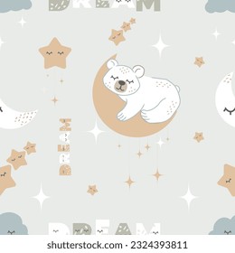 Sleeping baby bear, stars, moon with letters and the word "dream" scandinavian seamless pattern