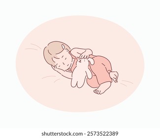 Sleeping baby in bed, holding a teddy bear. Hand drawn style vector design illustrations.	