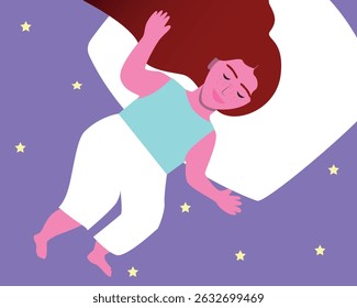 Bebê adormecido na cama à noite, ilustração de stock de vetor plano com bebê menina