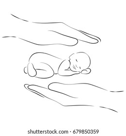 Sleeping baby between the hands, stylized line logo. Simple lines vector illustration. Stylized art for logos, signs, icons and design cards, invitations and baby shower
