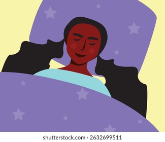 Sleeping Baby with black skin in bed at night, flat vector stock illustration with pillow and blanket