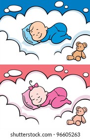 Sleeping Baby: Cartoon baby sleeping on a cloud. The illustration is in 2 versions for baby boy and baby girl. You can extend the color of the sky, or the cloud to make place for your text.