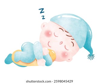 Sleeping Baby. A cute baby sleeping peacefully in a comfortable sleeping position. The baby is dressed in a soft blue pajama and a matching blue cap.