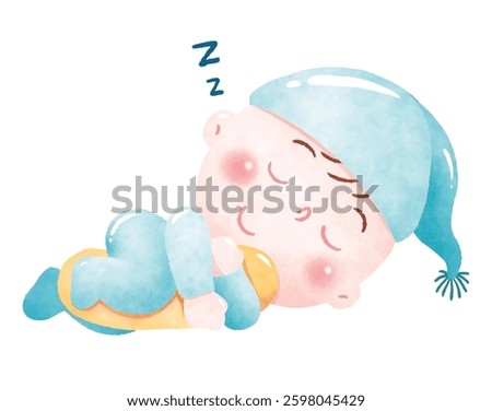 Sleeping Baby. A cute baby sleeping peacefully in a comfortable sleeping position. The baby is dressed in a soft blue pajama and a matching blue cap.
