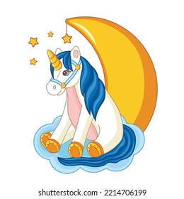 Sleeping baby cute unicorn on a cloud with moon and stars.