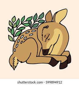 Sleeping baby deer. Vector outline