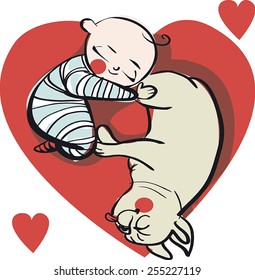 Sleeping baby and sleeping dog on a big red heart. Vector illustration.