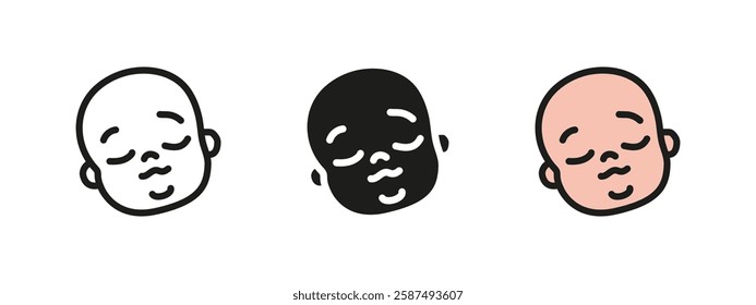 Sleeping baby face icon. Newborn and infant symbol. Peaceful child vector illustration. Rest, nap and dream pictogram. Calm and bedtime relaxation concept.