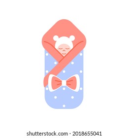 Icono llano de bebé durmiendo aislado en fondo blanco. Pequeño recién nacido en manta con arco. Decoración para la tarjeta de cumpleaños, diseño de la ducha para bebés. Ilustración vectorial de color pastel azul y rosa.