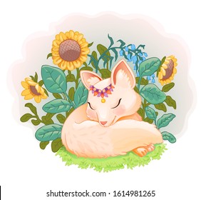 Sleeping baby fox lying in the grass among the sunflowers. Vector background