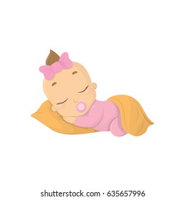 Sleeping baby girl. Isolated funny baby with pacifier and pillow.