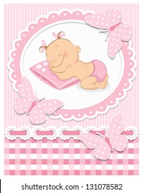 Sleeping baby girl in pink frame