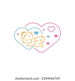 Sleeping baby and hearts. Vector illustration.