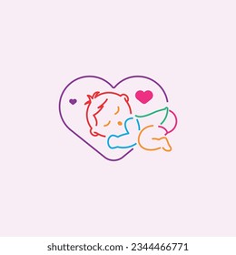 Sleeping baby and hearts. Vector illustration.