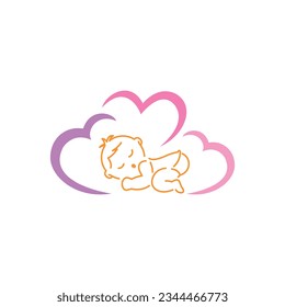 Sleeping baby and hearts. Vector illustration.