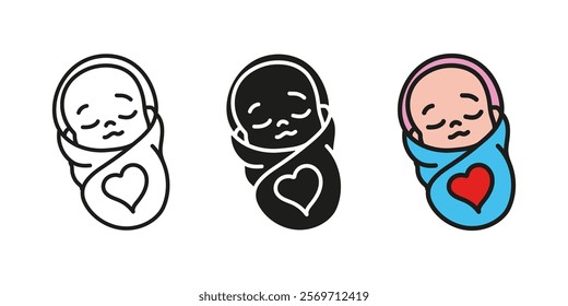 Sleeping baby icon. Newborn child vector illustration. Toddler kid symbol. Childbirth and childhood sign. Cute and happy baby boy with diaper and heart pictogram. Love and care for Children concept.