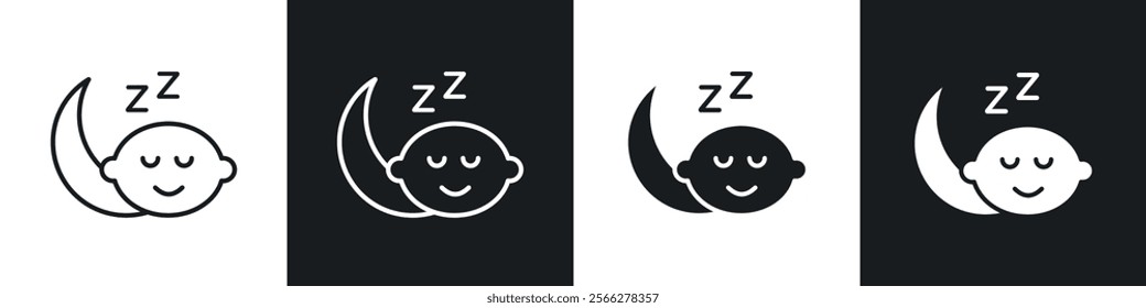 Sleeping baby icons collection in black filled and line style.