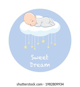 Sleeping Baby Laying On Cloud. Lullaby Theme Sticker.