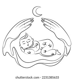 Sleeping baby and mother's hands above him   month Line drawing emblem  logo template in simple linear style vector graphics Child care  motherhood   childbearing concept Print tattoo greeting