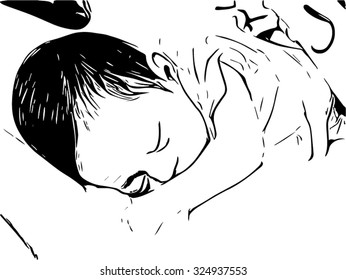 A sleeping baby on the bed drawing.