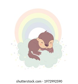 sleeping baby otter on a cloud, against the background of a rainbow and a scattering of stars and balls.  vector illustration. character for children, concept illustration for nursery. 