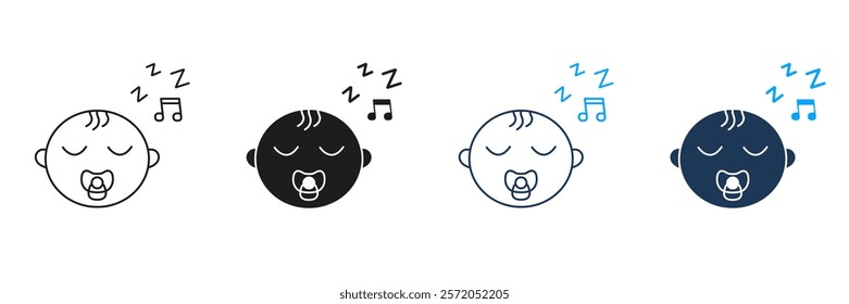 Sleeping Baby with Pacifier Line and Silhouette Icon Set. Infant with Lullaby and ZZZ Sign Symbol. Editable Stroke. Isolated Vector Illustration.