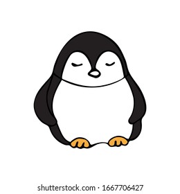 Sleeping baby penguin, hand-drawn style. Line art. Colorful vector illustration.