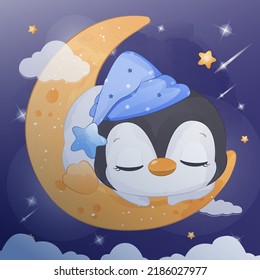 Pingüino durmiente en ilustración acuarela