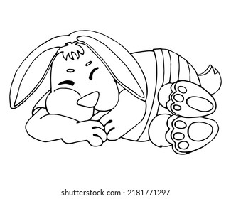 Sleeping Baby Rabbit Linear Black And White Image Coloring Page