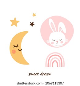 Sleeping Baby Rabbit, Moon, Star And Rainbow Isolated On White Background Vector Illustration.